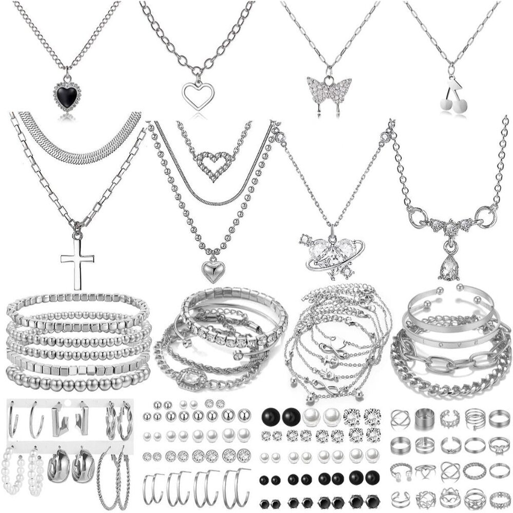 92 Pcs Silver Plated Jewelry Set With 8 Pcs Necklace, 19 Pcs Bracelet, 44 Pcs St
